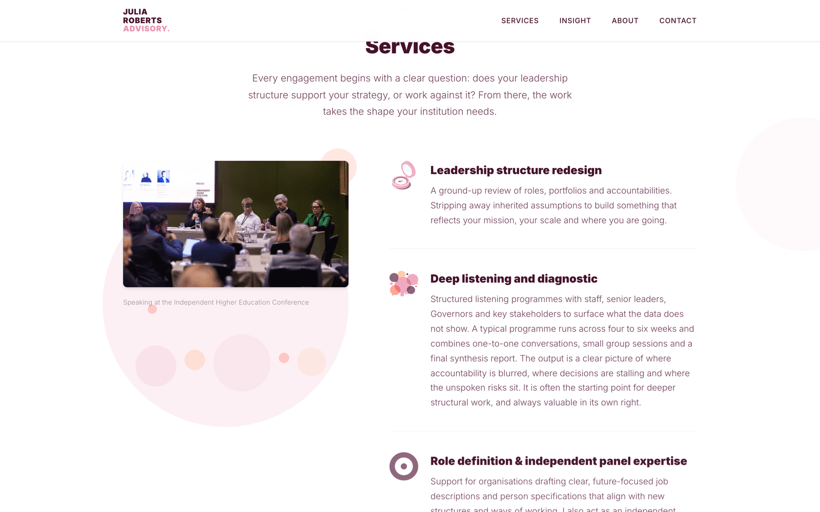 two services, each opening with a question, beside a real conference photo